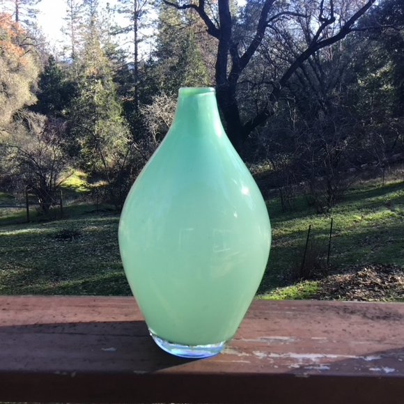 Vintage Hand Blown Opaline Celedon Jade Art Glass Vase 12 1/2"